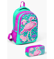 Coral High Kids Su Yeşili Pembe Simli Flamingo Desenli 2'li Okul Çanta Seti - Kız Çocuk
