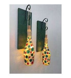 Led Işıklı Ahşap Koyu Yeşil Renkli Vitray Cam Salon Bar Bahçe Dekoru Şampanya Şişesi Aplik 2'li Set (Çok Renkli)
