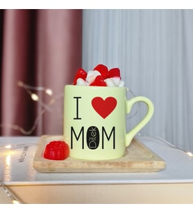 I Love Mom ( Seni Seviyorum Annem ) Tasarımlı Kişiye Özel Sarı Türk Kahvesi Fincanı