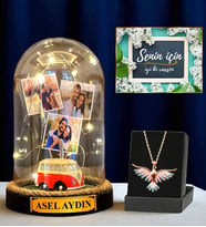 Premium Hediye Seti - Sizlere Özel Led Işıklı Fanus ve Renkli Zümrüdü Anka Kuşu Kolyesi (Model 6)