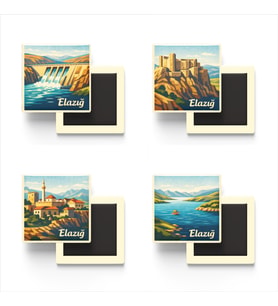 Elazığ - Baskılı Buzdolap Magneti Kare - 9x9 cm - 4 Adet