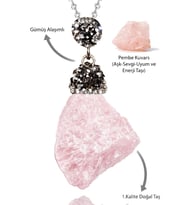 Sertifikalı Zirkon Taşlı Ham İşlenmemiş Pembe Kuvars Taşı Kolye (Çok Renkli)