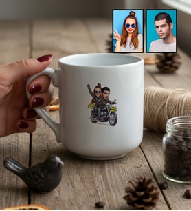 Kişiye Özel Karikatürlü Motorlu Sevgililer Kupa Bardak Sevgililer Günü Hediyesi