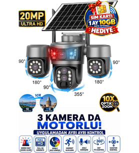 RX99 3 Kameralı Optik Zoom 4G Sim Kartlı Solar Güvenlik Kamerası Dış Mekan Gece Görüş Güneş Panelli 1 Yıl Sim Kart Dahil