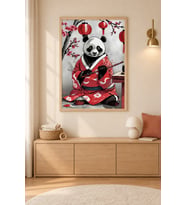 Kimono Panda Fener Işığında Ahşap Çerçeveli Duvar Tablosu