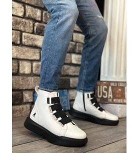 BA0142 Bantlı Erkek Yüksek Taban Beyaz Siyah Spor Bot
