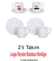 Beyaz Porselen Türk Kahvesi Fincanı - 2'li Set LOGO BASKILI