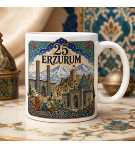 Erzurum Temalı Memleket Kupası – 25 Erzurum Çifte Minareli Medrese Kale ve Geleneksel Minyatür Çini Motifli Baskılı Seramik Kupa