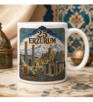 Erzurum Temalı Memleket Kupası – 25 Erzurum Çifte Minareli Medrese Kale ve Geleneksel Minyatür Çini Motifli Baskılı Seramik Kupa