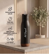 Kişiye Özel Doğal Görünümlü Taban Detaylı Termos - 540mL Siyah