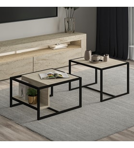 Batı LED Işıklı TV Sehpası ve Modern İkili Orta Sehpa SET (Bej)