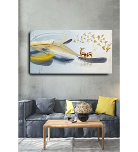 Dekoratif Soyut Altın Geyikli Tüy Sürreal Kanvas Duvar Tablosu 120x60cm