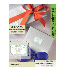 Vintage Desenli Soft Yeşil Renkli Etiket Modeli - 4x3 Cm Düz Kesim - 80 Adet Opak Sticker