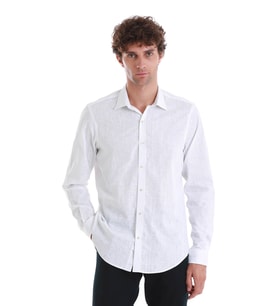 Beyaz Comfort Fit Baskılı Slim Yaka Uzun Kollu Spor Gömlek