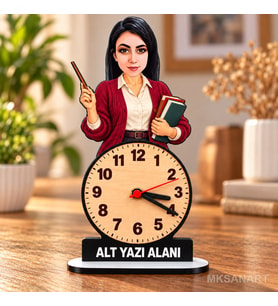 Kişiye Özel Fotoğraflı Kadın Öğretmen Karikatürlü 18 cm MDF Dikey Masa Saati - Öğretmen Hediyesi Öğretmenler Günü Hediyesi