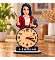 Kişiye Özel Fotoğraflı Kadın Öğretmen Karikatürlü 18 cm MDF Dikey Masa Saati - Öğretmen Hediyesi Öğretmenler Günü Hediyesi
