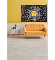 Siyah Güneş ve Ay Leke Tutmaz Kadife Kumaş Duvar Örtüsü Duvar Halısı Tapestry (Lacivert-Sarı)