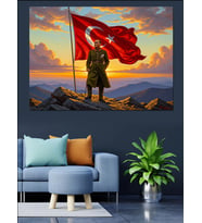 Türk Bayrağı Ve Asker Portresi Dekoratif Kanvas - Mdf Ahşap Tablo