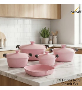 9 Parça Kare Granit Set Alüminyum Kapak - Pembe