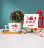 Anneler Günü Hediyesi Anneye Hediye - 7 - Ahşap Altlıklı Fincan ve Dekoratif Taş Baskı Hediye Seti