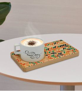 BK Gift Kişiye Özel Modern Art Tasarımlı Doğal Ahşap Tabaklı Seramik Fincan Sunum Seti  Model 2