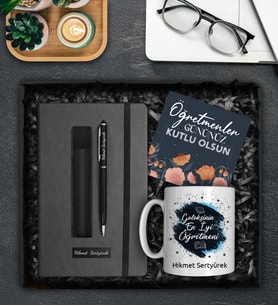 Öğretmenler Gününe Özel Tasarım Kupa & Kişiye Özel Defter & Deri Kılıflı Touch Pen Kalem Hediye Seti (Pullu Mavi)