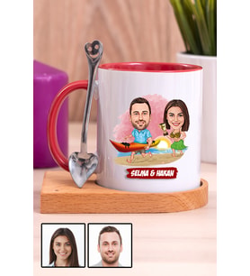 Sevgiliye Hediye Yaz Temalı Karikatürlü Ahşap Altlıklı Kırmızı Kupa Bardak