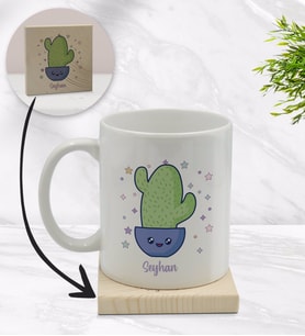 BK Gift Kişiye Özel Kaktüs Tasarımlı Beyaz Kupa Bardak ve Ahşap Bardak Altlığı Hediye Seti - Model 4