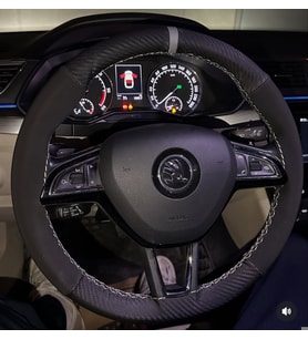 DİKİŞLİ DİREKSİYON KILIFI KARBON NUBUK DERİ GRİ YÜZÜK / DİKİŞLİ SKODA OCTAVİA SÜPERB İÇİN