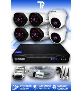 PICAM 6 Kameralı Uzay 2 İç Kamera Set HDD'siz Full HD Gece Görüşlü Güvenlik Kamerası Sistemi