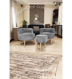 Köşe Takım,çay Seti Ikili Koltuk gri peluş Berjer Ve Puf Takımı (SALON, BALKON, OFİS) 3 Lü Takım