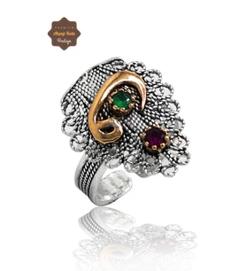 Yakut ve Zümrüt Taşlı Vav Model El işçiliği 925 Ayar Gümüş Telkari Yüzük 201023855