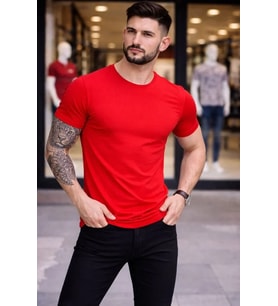 Erkek T-Shirt Bisiklet Yaka Slim Fit Dar Kesim Likralı Tişört Günlük Basic Body - Kırmızı