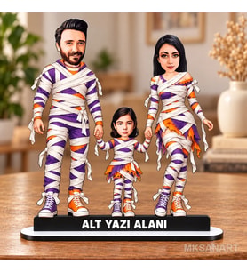 Fotoğraftan Tasarlanan 3 Kişilik Halloween Aile Karikatürlü 18 cm MDF Masaüstü Biblo - Aile Hediyesi Anne Baba ve Aileye Hediye
