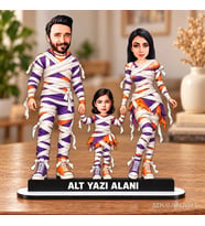 Fotoğraftan Tasarlanan 3 Kişilik Halloween Aile Karikatürlü 18 cm MDF Masaüstü Biblo - Aile Hediyesi Anne Baba ve Aileye Hediye