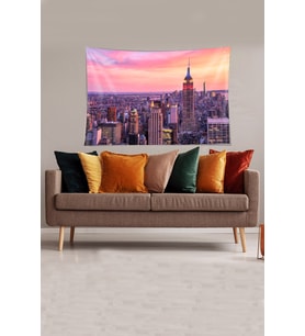 Beyaz Şehir Manzaralı Leke Tutmaz Kadife Kumaş Duvar Örtüsü Duvar Halısı Tapestry (Pembe-Lila)
