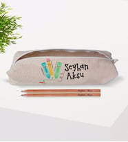 Çocuklara Özel İsimli Keten Okul Kalemliği ve Ahşap Kurşun Kalem Hediye Seti-13