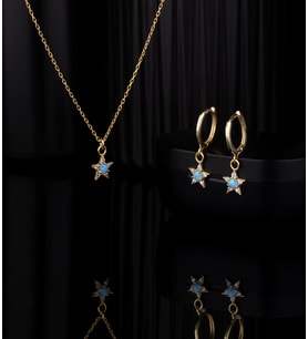 925 Ayar Gümüş Opal Taşlı Yıldız Kolye Küpe Set