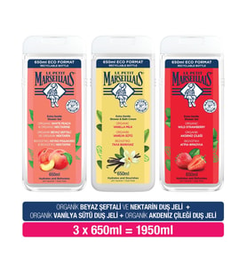 Le Petit Marseillais Beyaz Şeftali ve Nektarin 650 ml + Vanilya Sütü 650 ml +Akdeniz Çileği Duş Jeli