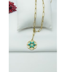 Altın Kaplama Özel Seri Kararmaz Turkuaz Taşlı Lotus Çiçeği Çelik Kolye 48 cm