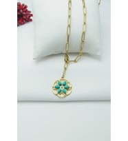 Altın Kaplama Özel Seri Kararmaz Turkuaz Taşlı Lotus Çiçeği Çelik Kolye 48 cm