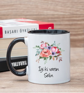 Kişiye Özel Çiçek Buketi İsimli Siyah Kupa Bardak