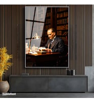 Gümüş Renk Metal Çerçeveli Tamperli Cam Tablo Atatürk Kütüphane Kitap Okuma Atatürk Tablosu Duvar Dekoru