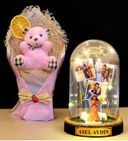 Kişiye Özel İsimli 3 Fotoğraflı Led Işıklı Fanus ve Pembe Peluş Ayıcık Buketi (Model 9)