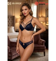 Le Jardin Premium Kadın Silikonlu Taşlı Simli Destekli Push-up Kutulu Sütyen ve Külot Takım
