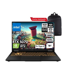 Asus Tuf Gaming F16 I7-14650HX 32-Gbddr5 1 Tbssd RTX5070 (8GB-GDDR7-115W) 16" 2.5k Wqxga 165Hz Freedos Taşınabilir Bilgisayar + Sırt Çantası FX608JPR-QT002HMF3