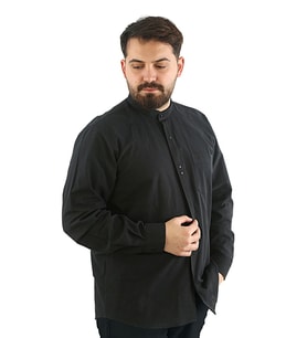 Hac ve Umre İçin Gömlek Nakışlı Uzun Kollu Siyah Hakim Yaka %100 Pamuk Ensar