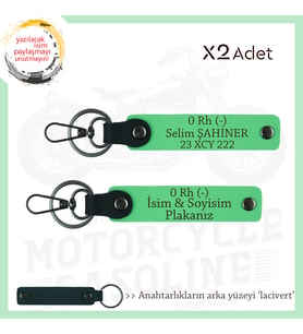 Motosiklet Tutkunlarına, İsim Plaka ve 0 (-) Kan Grubu Yazılı Acil Durum x2 Anahtarlık, F Yeşil-Laci