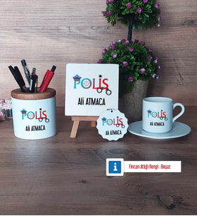 Polis Hediye Seti Dekoratif Taş, Kalemlik, Ahşap Altlıklı Türk Kahvesi Fincanı, Ahşap Anahtarlık Hediye (Model 2)
