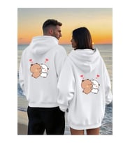 Romantik Çift Sweatshirt Sevimli Ayıcık Desenli Oversize Kapüşonlu Hoodie 2'li Set (Beyaz)